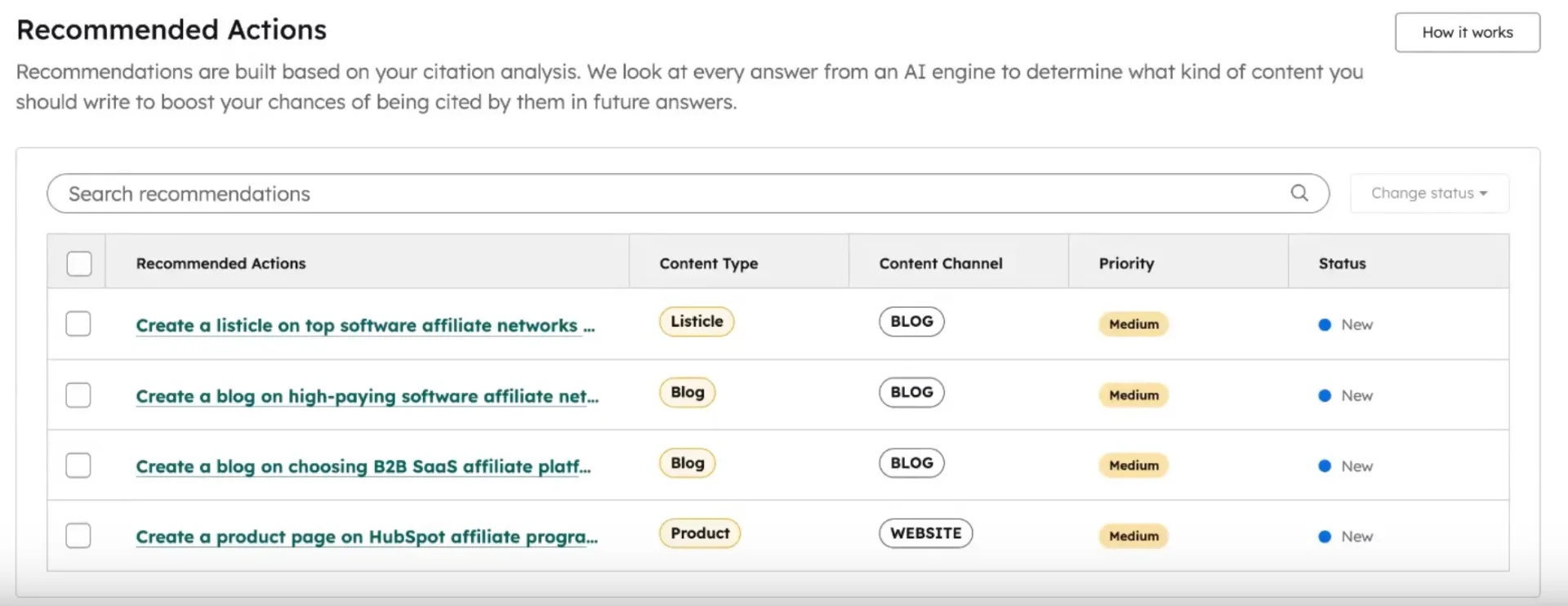 interface des recommandations avec statut d'avancement