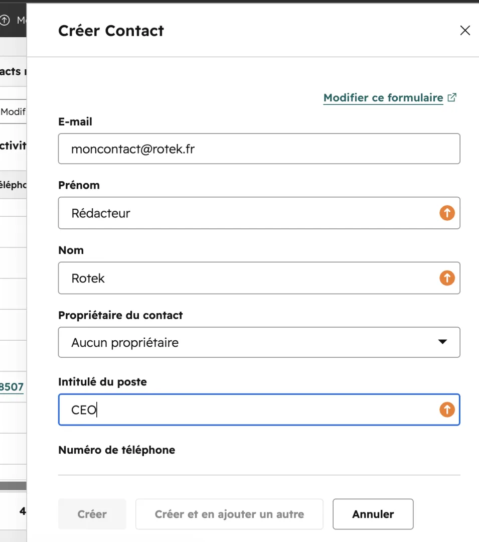 Fiche contact HubSpot CRM