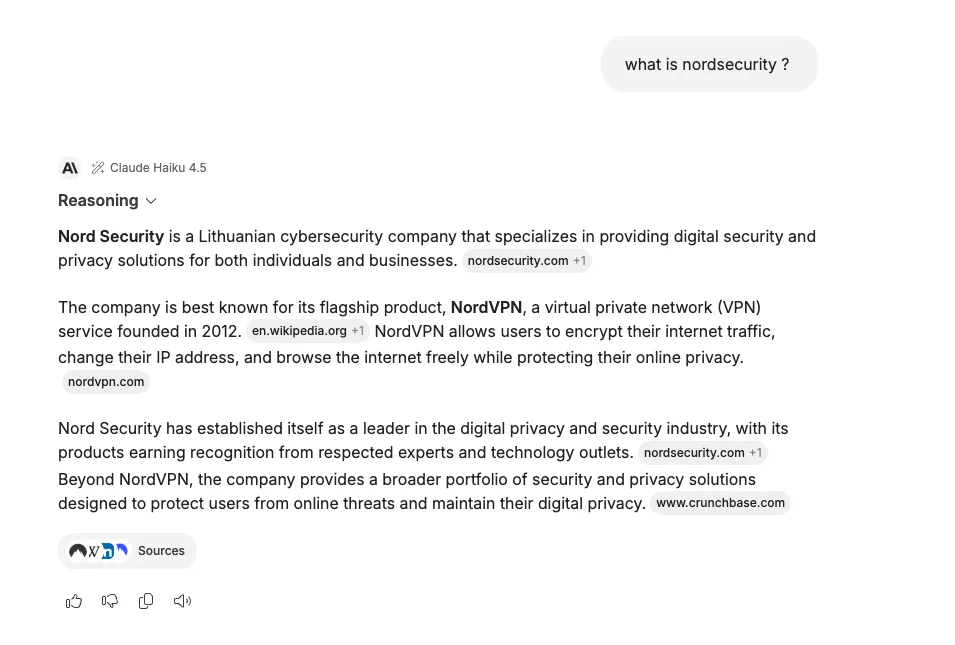 Nexos.ai en action : réponse de Claude Haiku 4.5 avec sources web sur NordSecurity