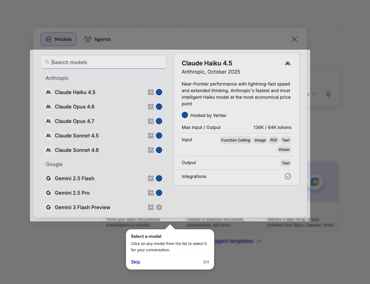 Nexos.ai sélecteur de modèles : Claude Haiku 4.5, Claude Opus 4.7, Gemini 2.5 Pro dans une seule interface