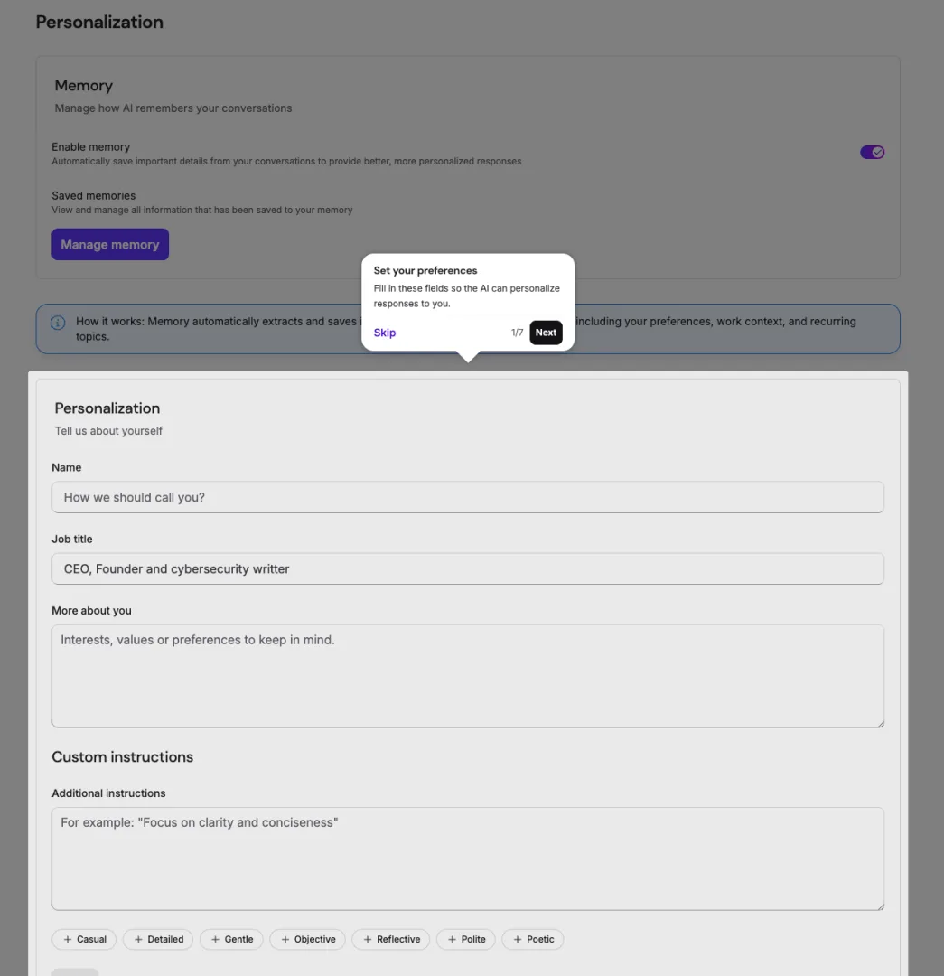 Nexos.ai personnalisation : mémoire des conversations, titre de poste, instructions personnalisées