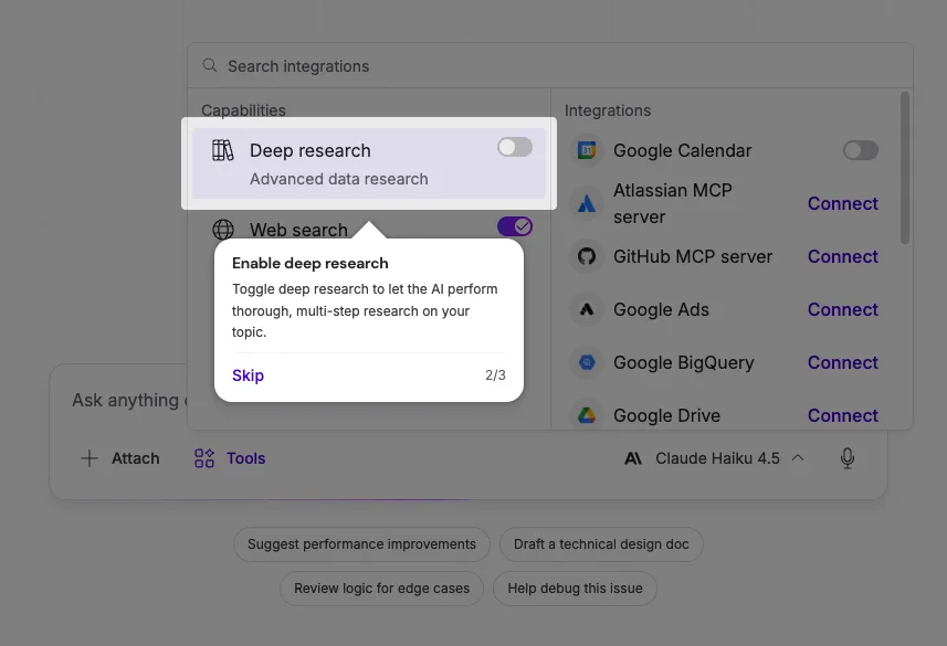 Nexos.ai menu Tools : activation du Web search et connexion aux intégrations Google Calendar, GitHub, Microsoft