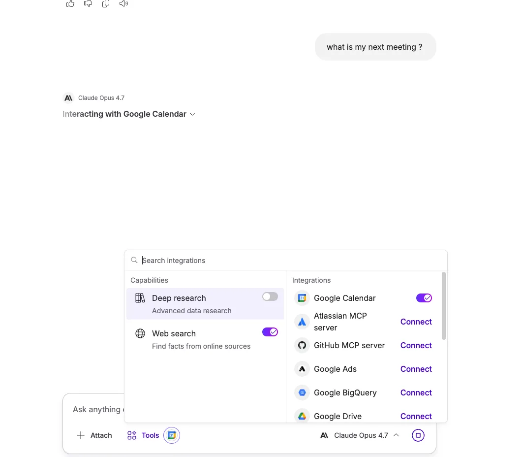 Nexos.ai connecté à Google Calendar : l'IA répond en temps réel à une question sur le prochain rendez-vous