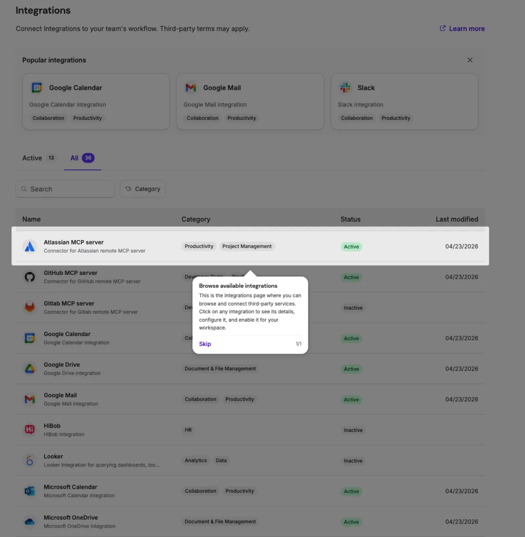 Nexos.ai page Integrations : 36 connecteurs disponibles dont Slack, Salesforce, Ahrefs, HiBob, Figma, LinkedIn