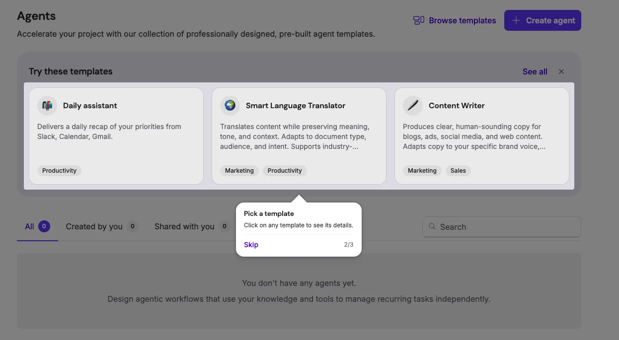 Nexos.ai page Agents : templates Daily assistant, Smart Language Translator et Content Writer disponibles