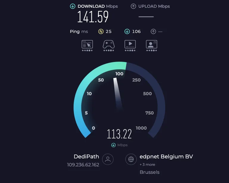 speedtest depuis un serveur belge NordVPN, débit supérieur à 100 Mbps
