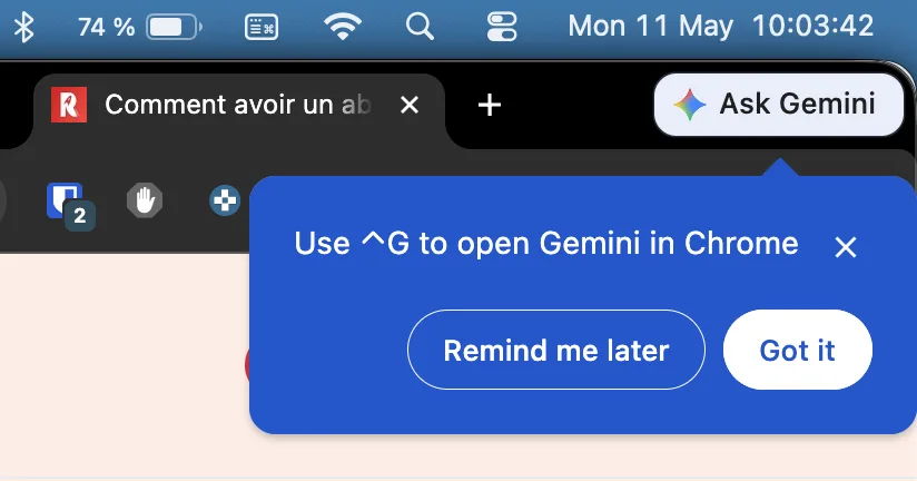 raccourci clavier, Ctrl+G sur Windows ou ^G sur Mac ask gemini