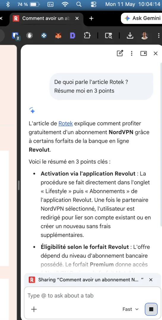 Ask Gemini qui résume un article Rotek