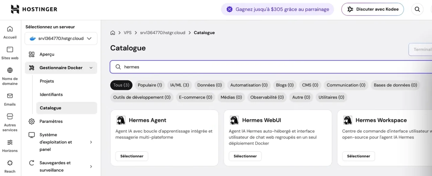 Hermes Agent, Hermes WebUI et Hermes Workspace sur Hostinger