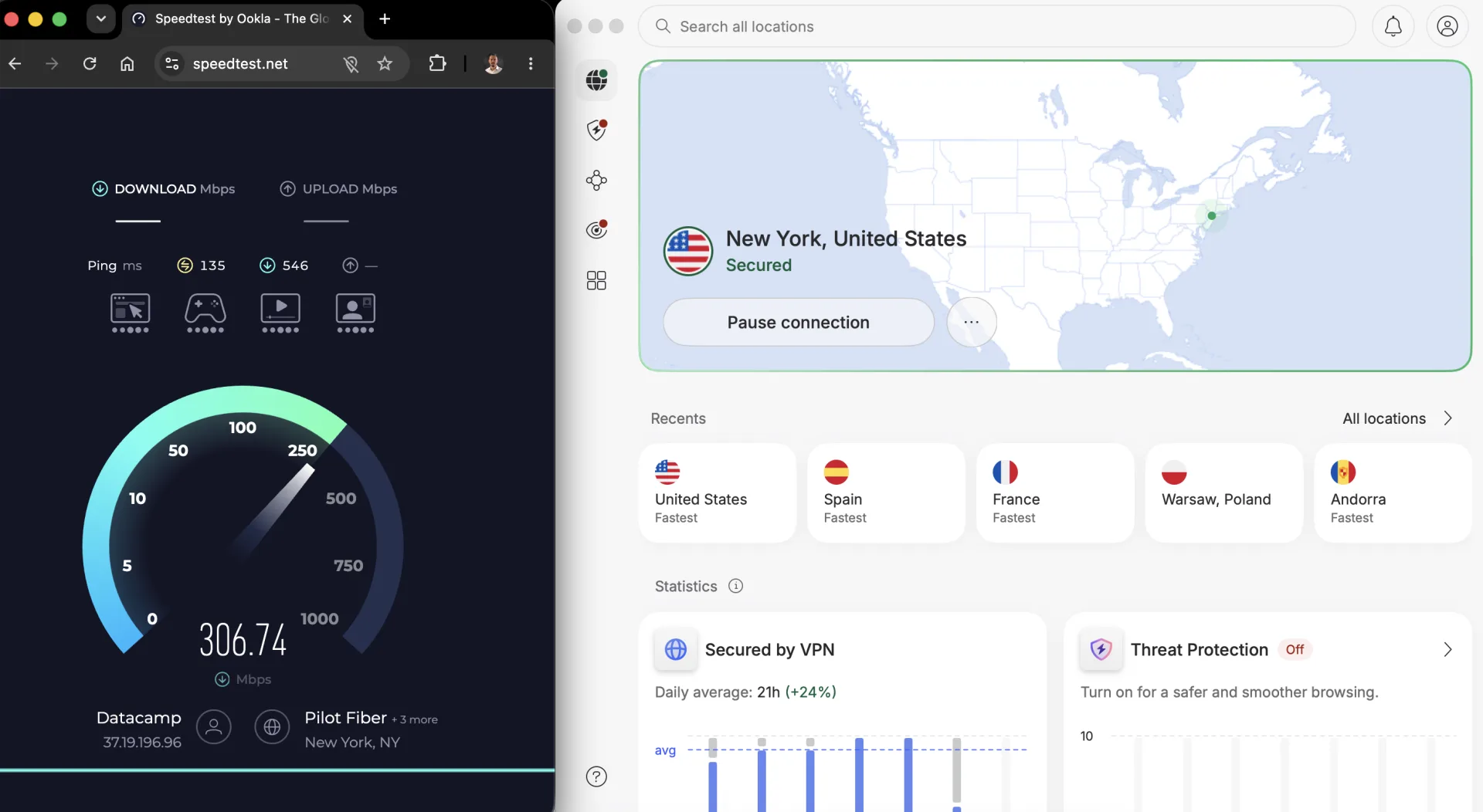 Performances et débit speedtest VPN USA avec NordVPN