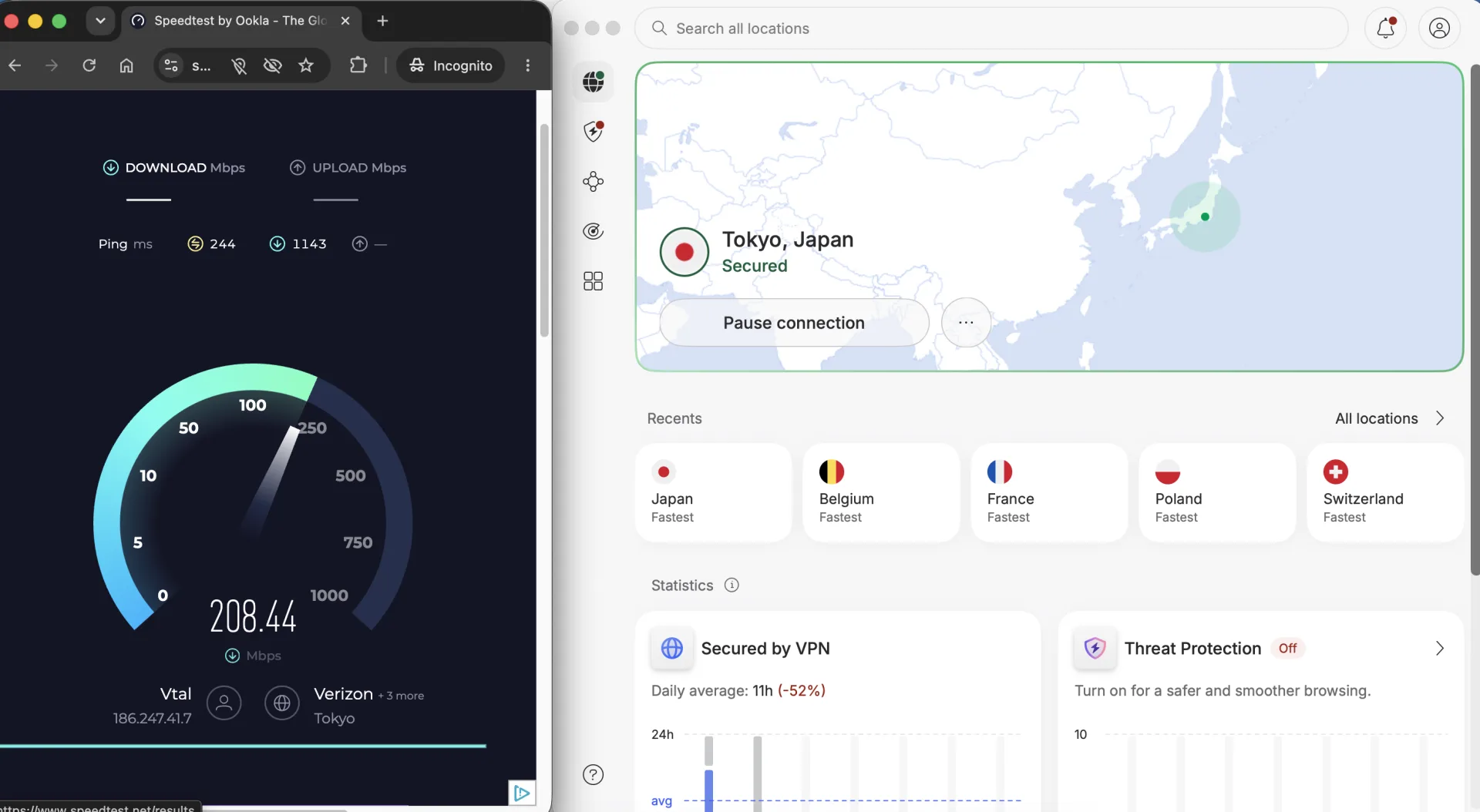 Speedtest performances débit VPN au Japon avec NordVPN
