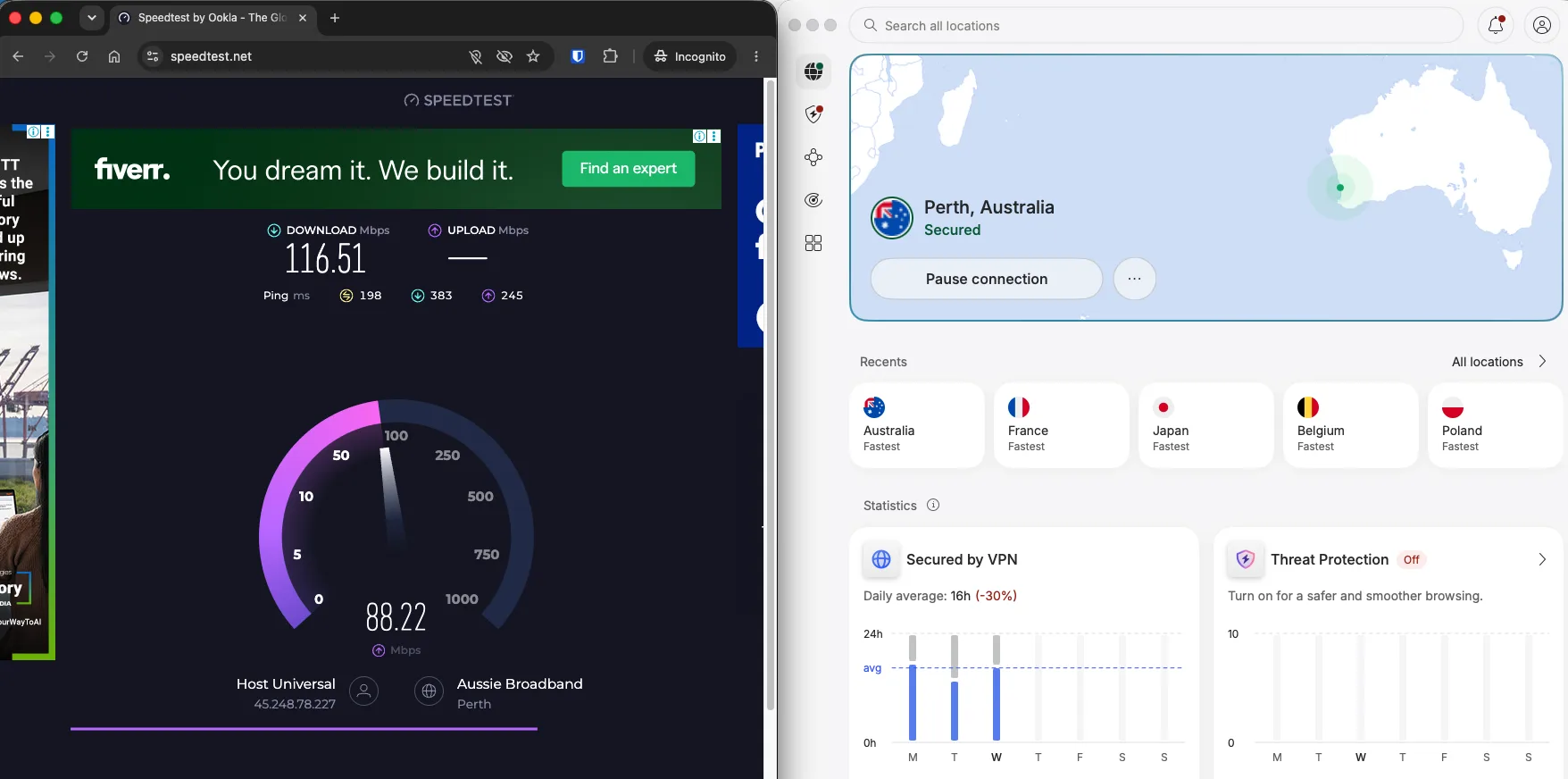 Test de débit NordVPN sur un serveur VPN en Australie à Perth mesuré avec Speedtest Ookla