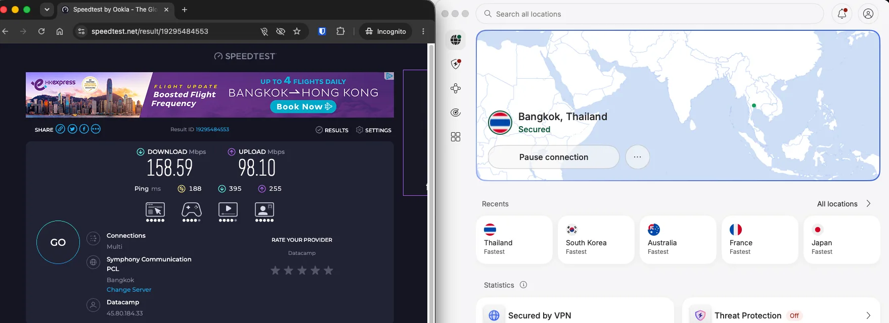Test de débit NordVPN sur un serveur VPN en Thaïlande à Bangkok mesuré avec Speedtest Ookla