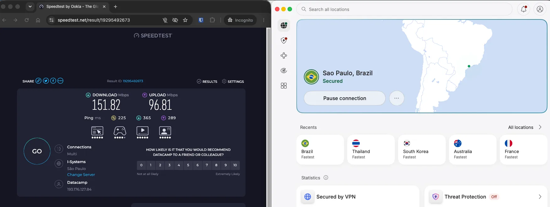 Test de débit NordVPN sur un serveur VPN au Brésil à São Paulo mesuré avec Speedtest Ookla