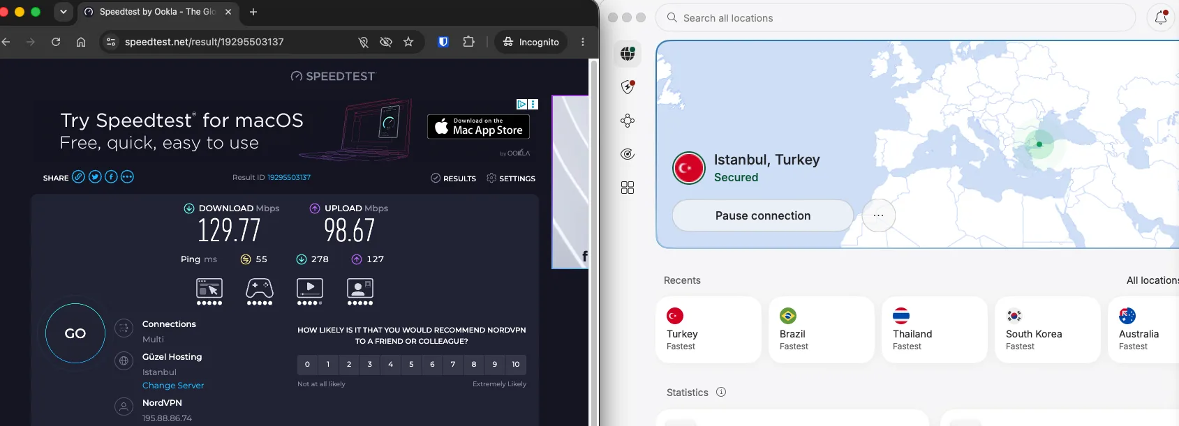 Test de débit NordVPN sur un serveur VPN en Turquie à Istanbul mesuré avec Speedtest Ookla