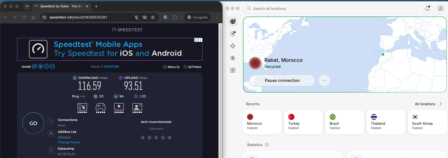 Test de débit NordVPN sur un serveur VPN au Maroc à Rabat mesuré avec Speedtest Ookla
