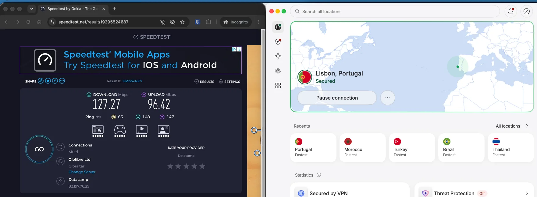 Test de débit NordVPN sur un serveur VPN au Portugal à Lisbonne mesuré avec Speedtest Ookla