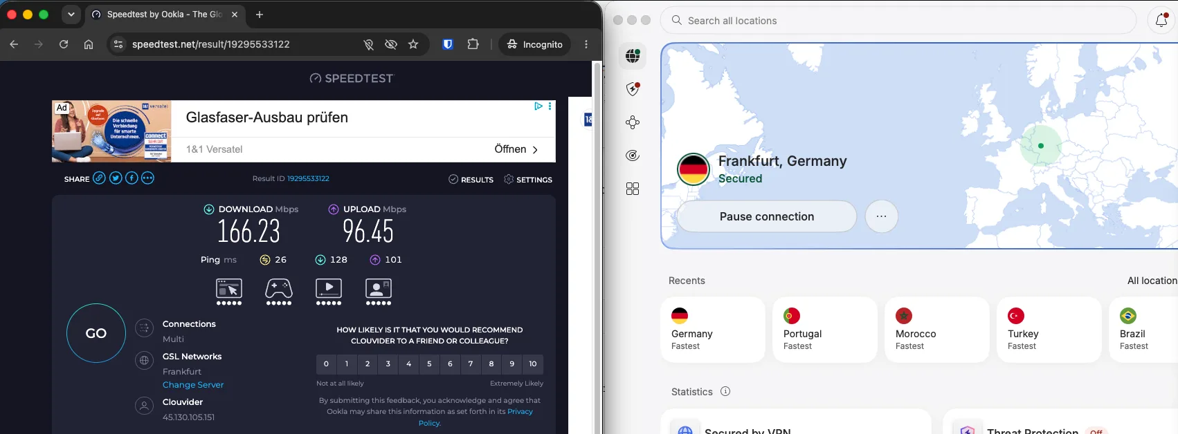 Test de débit NordVPN sur un serveur VPN en Allemagne à Francfort mesuré avec Speedtest Ookla