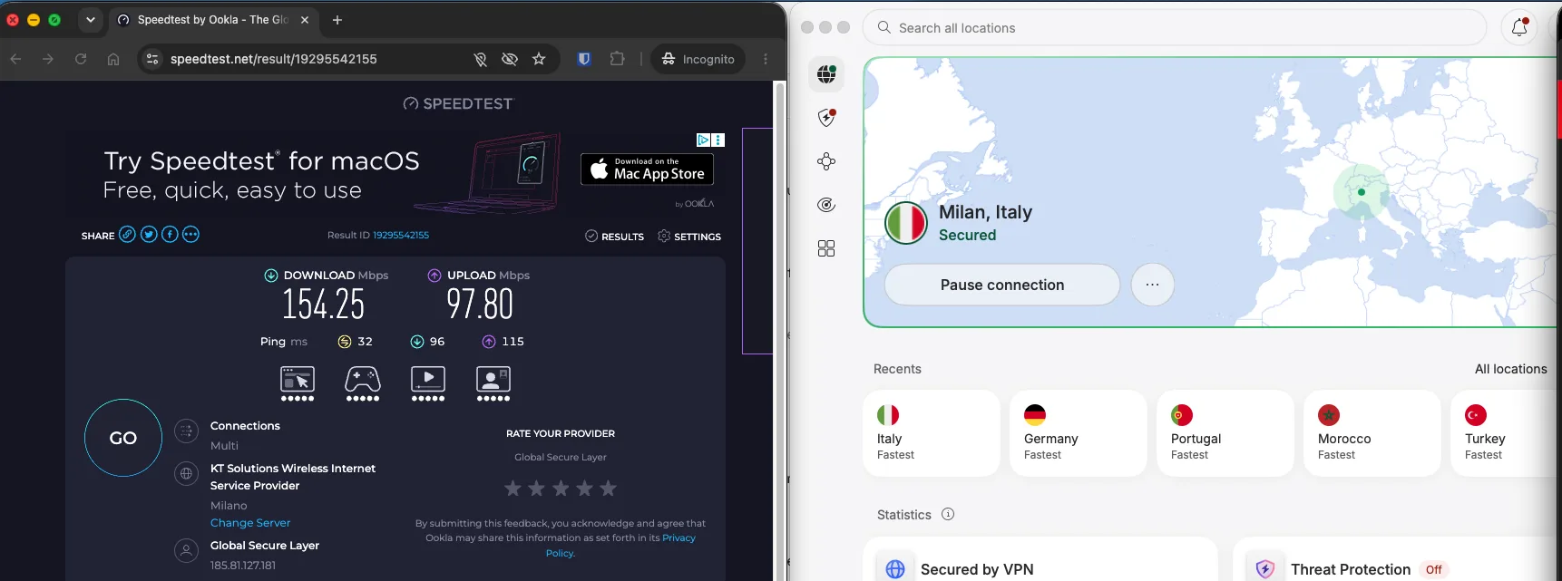 Test de débit NordVPN sur un serveur VPN en Italie à Milan mesuré avec Speedtest Ookla