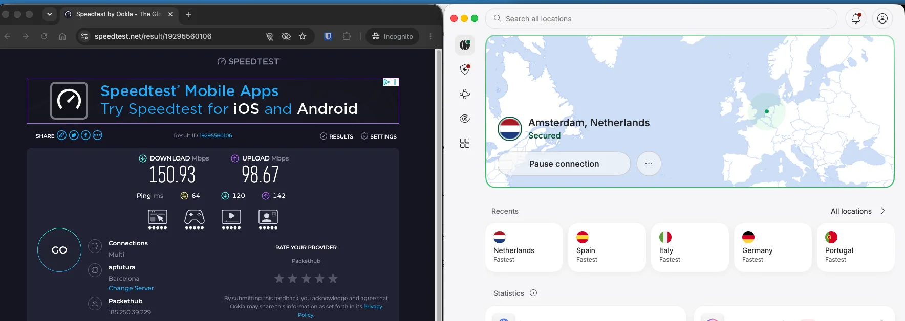 Test de débit NordVPN sur un serveur VPN aux Pays-Bas à Amsterdam mesuré avec Speedtest Ookla