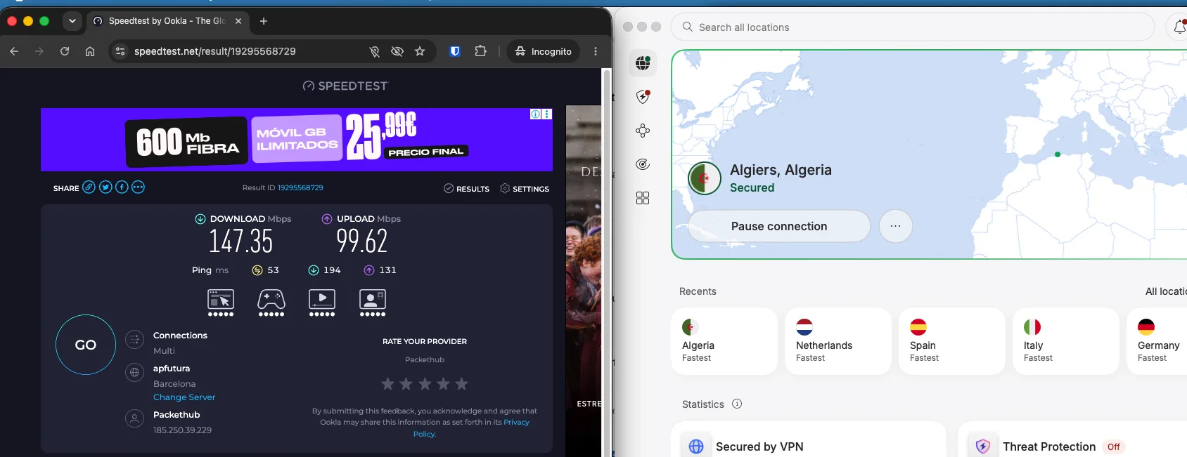 Test de débit NordVPN sur un serveur VPN en Algérie à Alger mesuré avec Speedtest Ookla