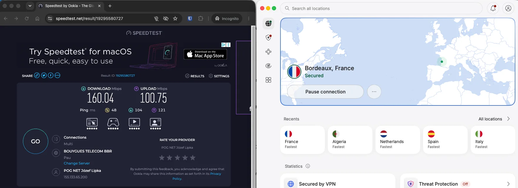 Test de débit NordVPN sur un serveur VPN en France à Bordeaux mesuré avec Speedtest Ookla