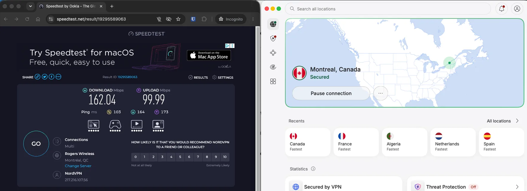 Test de débit NordVPN sur un serveur VPN au Canada à Montréal mesuré avec Speedtest Ookla
