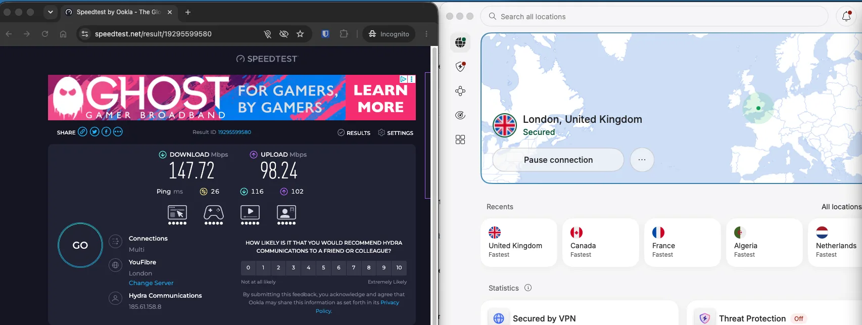 Test de débit NordVPN sur un serveur VPN au Royaume-Uni à Londres mesuré avec Speedtest Ookla