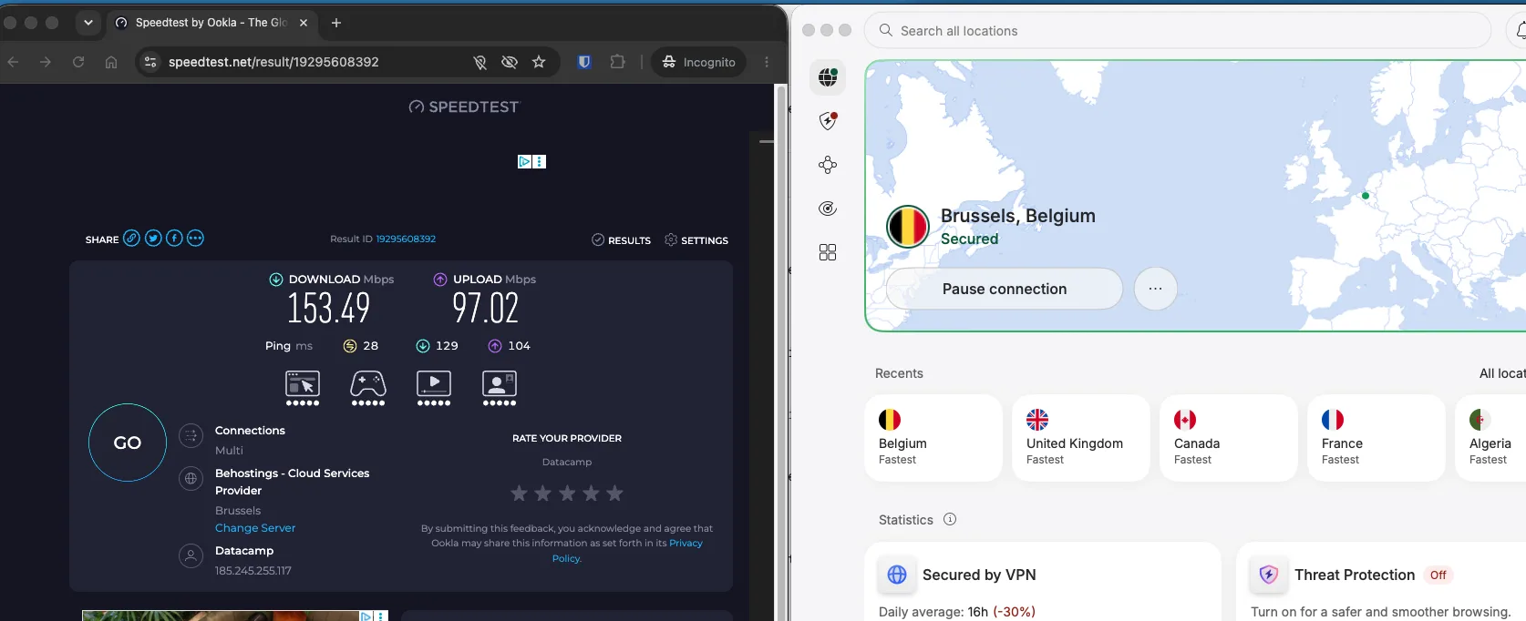 Test de débit NordVPN sur un serveur VPN en Belgique à Bruxelles mesuré avec Speedtest Ookla