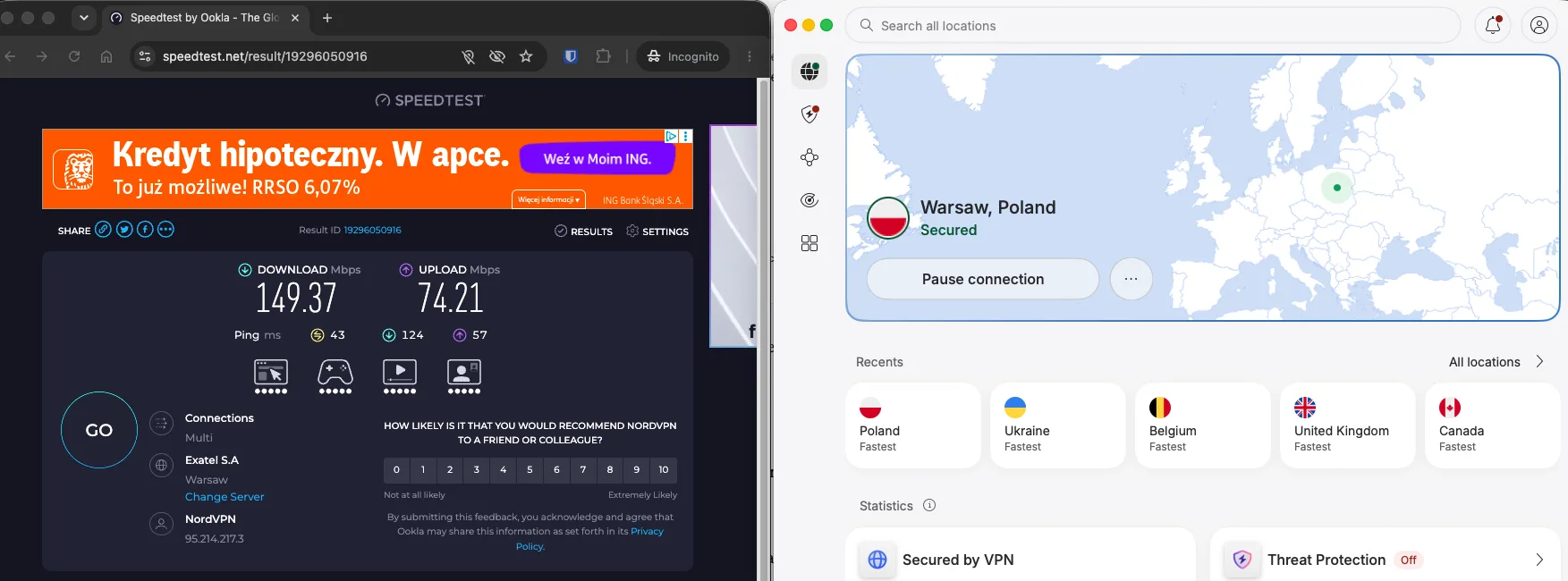 Test de débit sur un serveur NordVPN à Varsovie : 149,37 Mbps en téléchargement